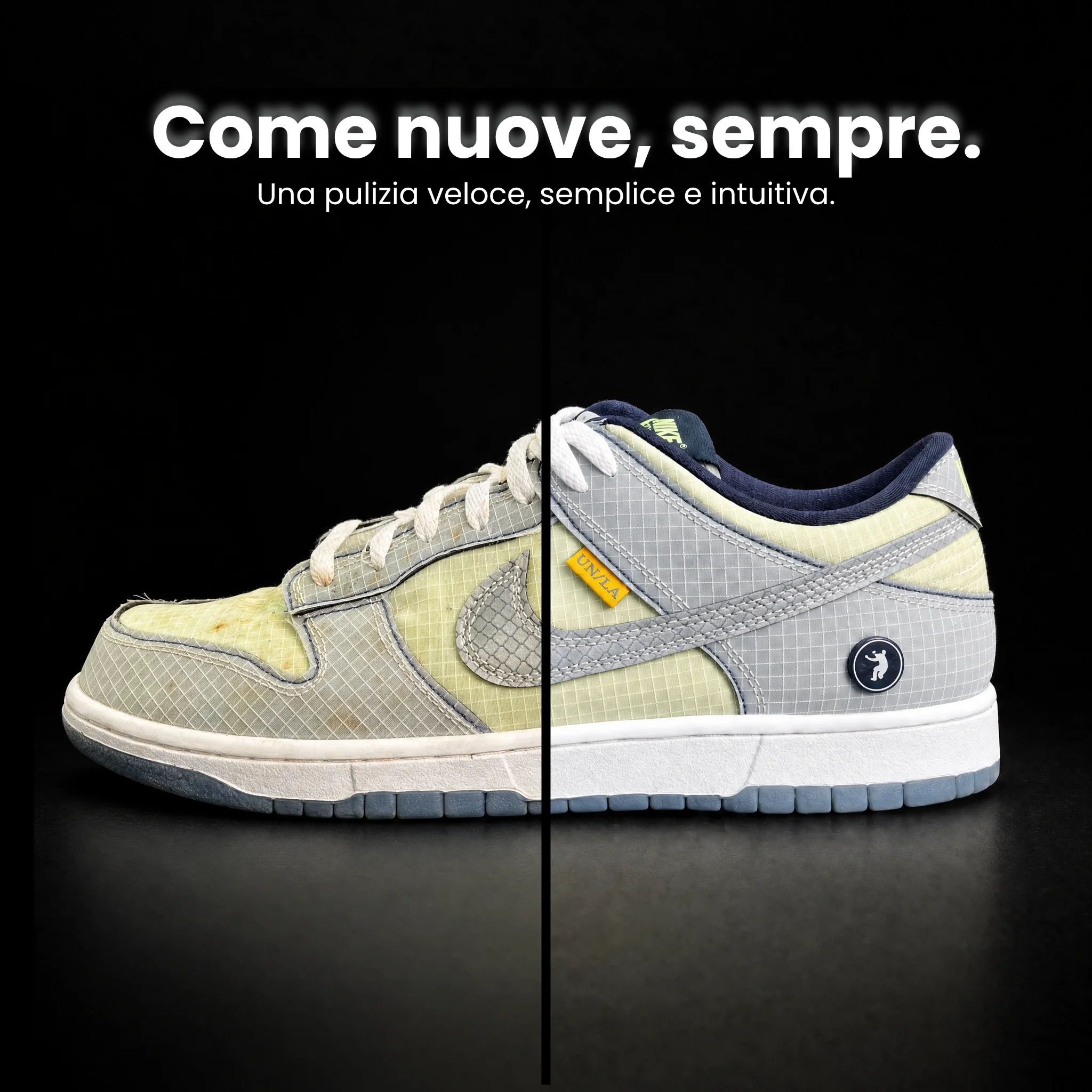 Nike Dunk Union LA a metà sporca e a metà pulita col Cleaning Kit Sneakera