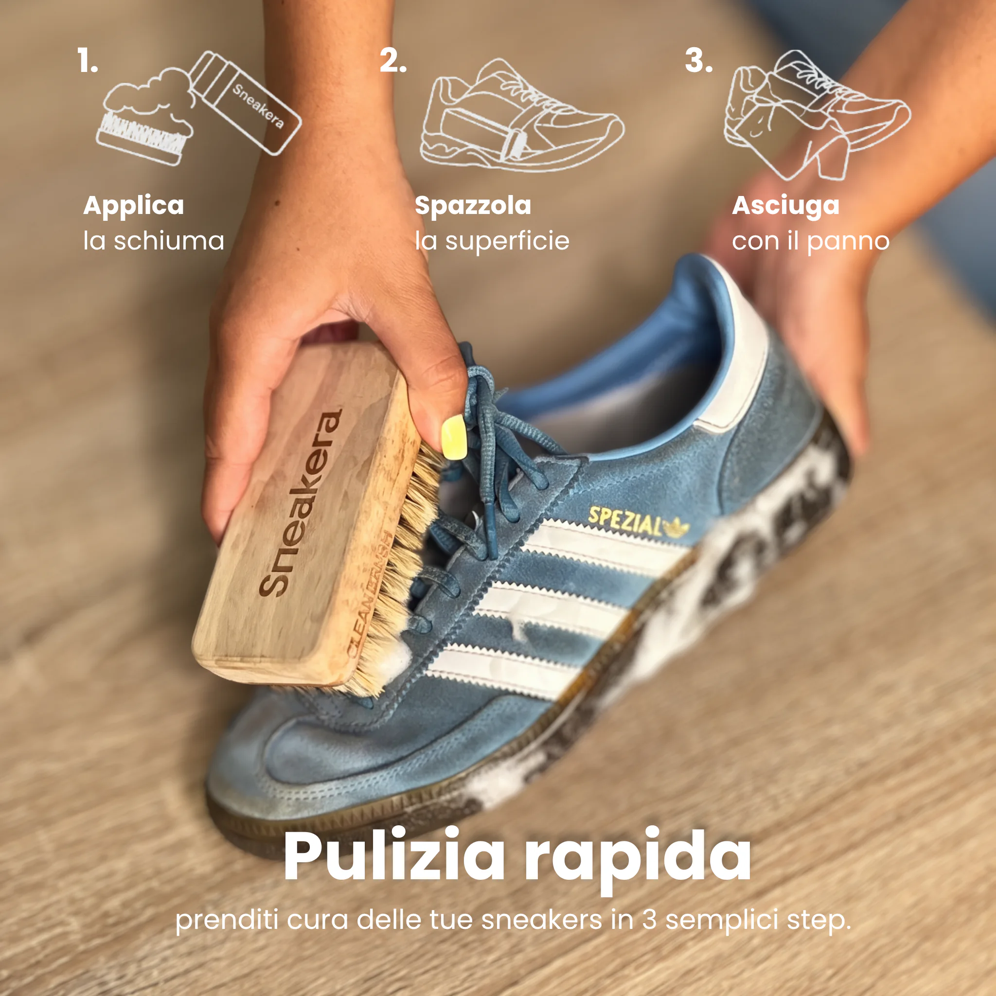 I tre passaggi Applica, Spazzola, Asciuga su una Adidas Spezial